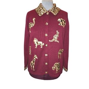 Storybook Knits VTG Animal Silhouettes Maroon &‎ Leopard Print Cardigan Size L